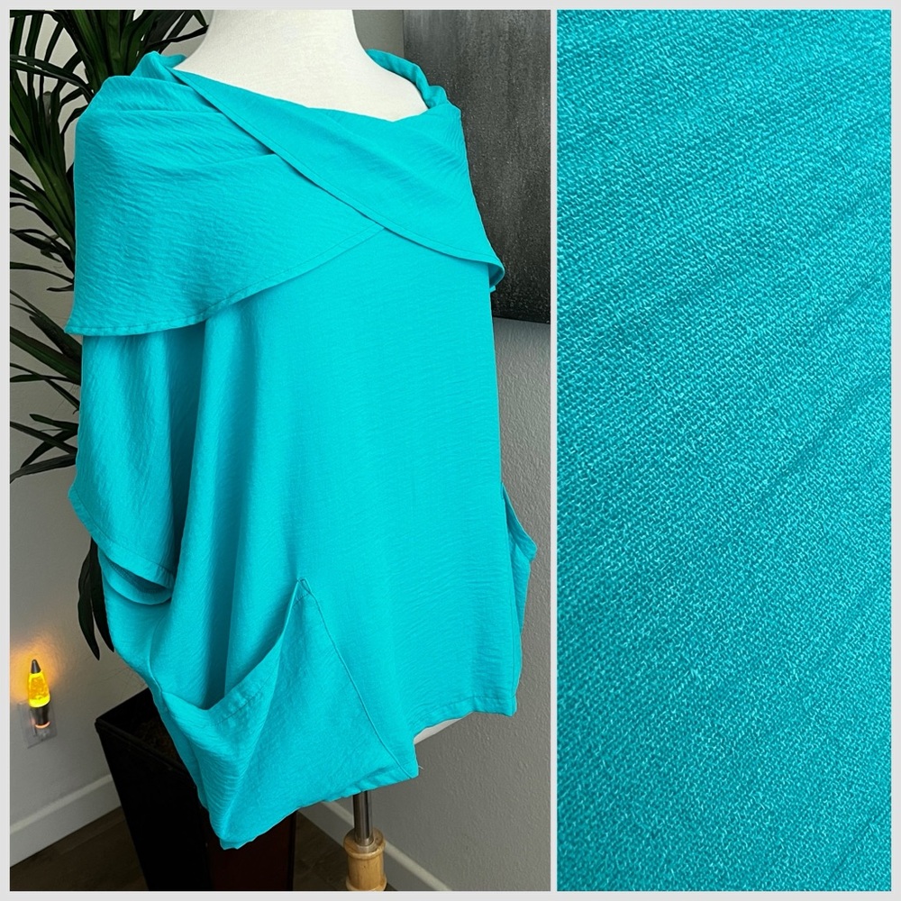 Joseph Ribkoff Turquoise Poncho-Style Top with Shawl Collar & Pockets
